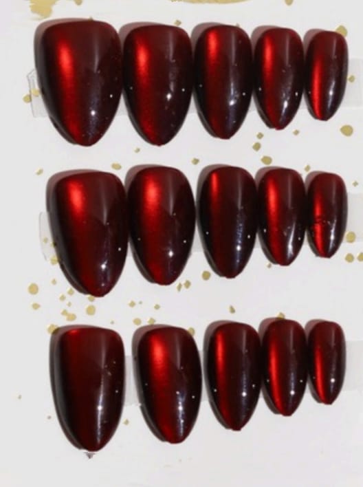 CHERRY RED  PREMIUM PRESS ON NAILS ALMOND SHAPE | MAGNETIC SHIMMER EFFECT | DAILY WEAR