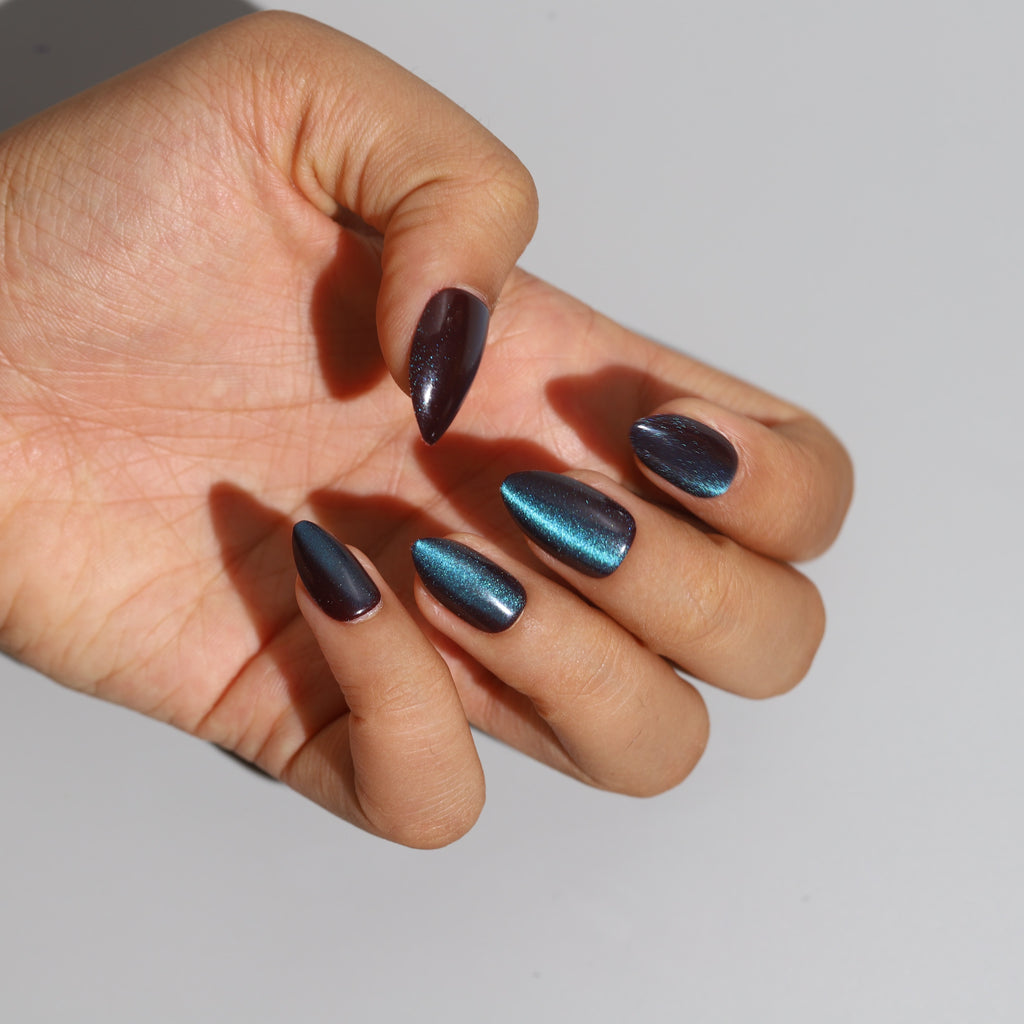 NAVY BLUE PREMIUM PRESS ON NAILS ALMOND SHAPE | MAGNETIC SHIMMER EFFECT | DAILY WEAR