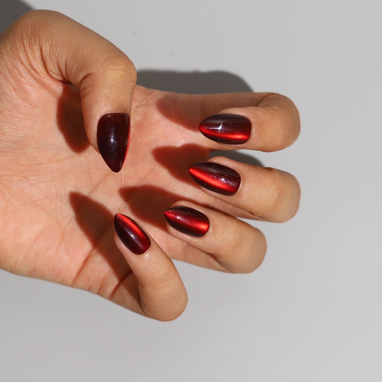 CHERRY RED  PREMIUM PRESS ON NAILS ALMOND SHAPE | MAGNETIC SHIMMER EFFECT | DAILY WEAR